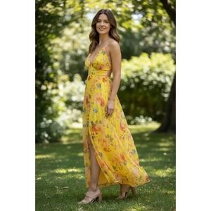 Yellow Floral Medium Maxi Dress V Neck Halter Back Slit Flowy Beach Vacation‎